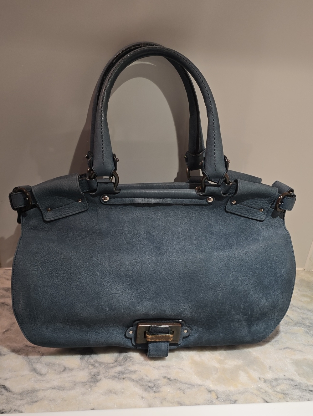 Salvatore Ferragamo Slate Blue Leather Top-Handle Shoulder Bag